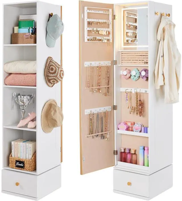 Main image of Rotating Mirror w/Storage Cabinet, 360 Swivel Jewelry Armoire w/Full-Length Mirror, Gold Metal Frame Tower w/Cube Shelves, Built-In Jewelry Organizer & Hook - Gold