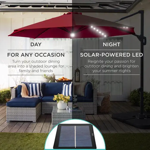 Alt view image 3 of 7 - 10ft Solar LED Cantilever Patio Umbrella, 360-Degree Rotation Hanging Offset Market Outdoor Sun Shade for Backyard, Deck, Poolside w/Lights, Easy Tilt, Cross Base - Burgundy