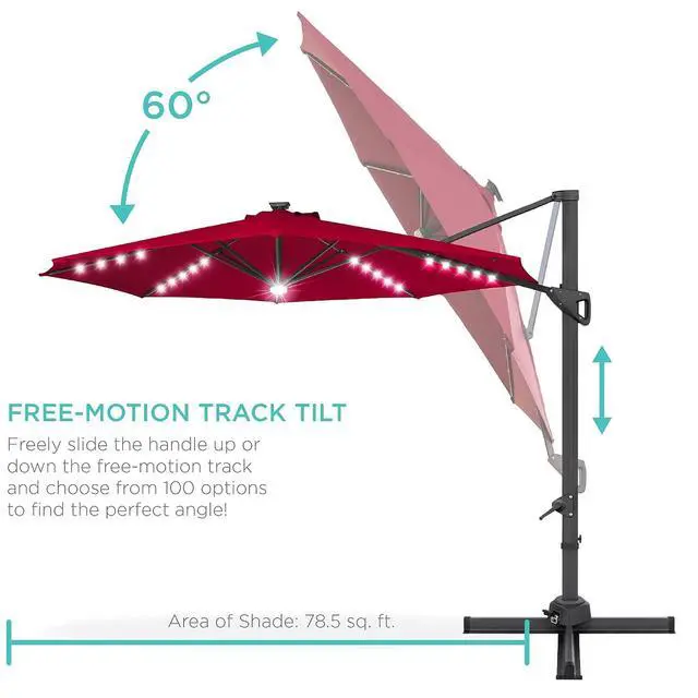 Alt view image 5 of 7 - 10ft Solar LED Cantilever Patio Umbrella, 360-Degree Rotation Hanging Offset Market Outdoor Sun Shade for Backyard, Deck, Poolside w/Lights, Easy Tilt, Cross Base - Burgundy