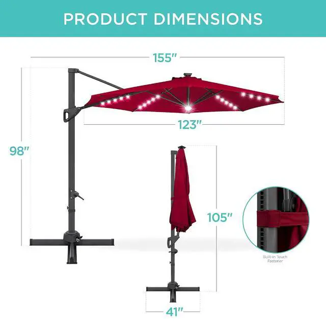 Alt view image 7 of 7 - 10ft Solar LED Cantilever Patio Umbrella, 360-Degree Rotation Hanging Offset Market Outdoor Sun Shade for Backyard, Deck, Poolside w/Lights, Easy Tilt, Cross Base - Burgundy