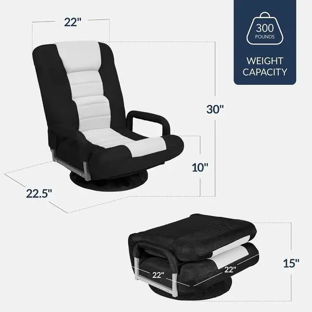 Alt view image 3 of 7 - Swivel Gaming Chair 360 Degree Multipurpose Floor Chair Rocker for TV, Reading, Playing Video Games w/Lumbar Support, Armrest Handles, Adjustable Foldable Backrest - Black/White