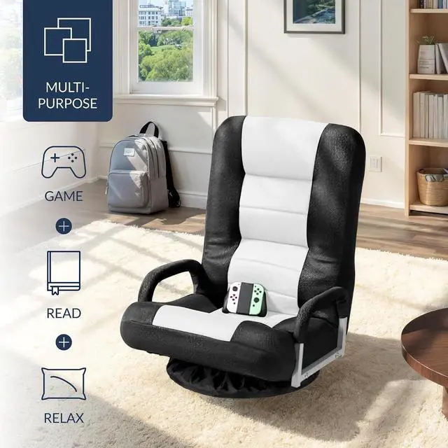 Alt view image 4 of 7 - Swivel Gaming Chair 360 Degree Multipurpose Floor Chair Rocker for TV, Reading, Playing Video Games w/Lumbar Support, Armrest Handles, Adjustable Foldable Backrest - Black/White