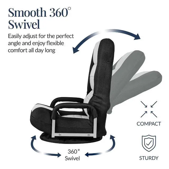 Alt view image 6 of 7 - Swivel Gaming Chair 360 Degree Multipurpose Floor Chair Rocker for TV, Reading, Playing Video Games w/Lumbar Support, Armrest Handles, Adjustable Foldable Backrest - Black/White