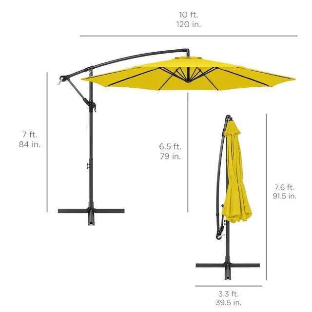 Alt view image 7 of 7 - 10ft Offset Cantilever Hanging Market Patio Umbrella, 8 Sturdy Ribs, Easy Adjustment - Yellow