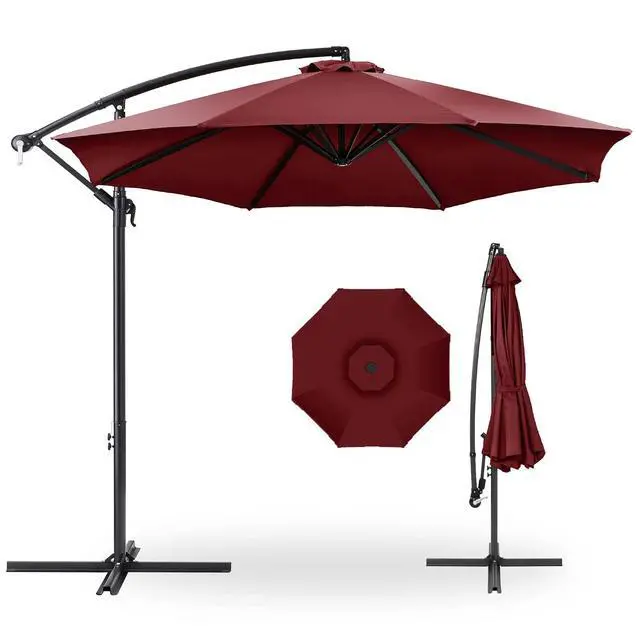 Main image of 10ft Offset Cantilever Hanging Market Patio Umbrella, 8 Sturdy Ribs, Easy Adjustment - Burgundy