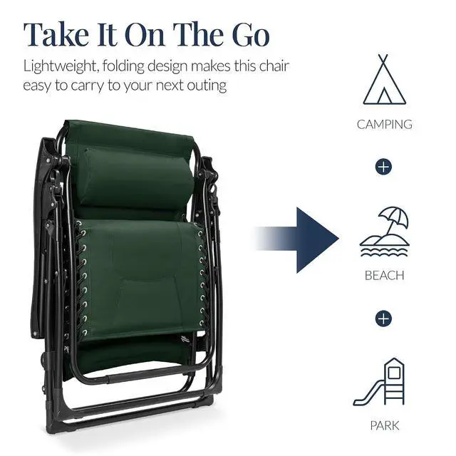 Alt view image 5 of 7 - Oversized Padded Zero Gravity Chair, Folding Outdoor Patio Recliner, XL Anti Gravity Lounger for Backyard w/Headrest, Cup Holder, Side Tray, Polyester Mesh - Forest Green