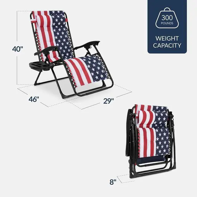 Alt view image 2 of 7 - Oversized Padded Zero Gravity Chair, Folding Outdoor Patio Recliner, XL Anti Gravity Lounger for Backyard w/Headrest, Cup Holder, Side Tray, Polyester Mesh - American Flag