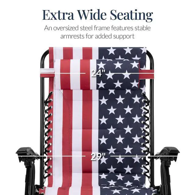 Alt view image 3 of 7 - Oversized Padded Zero Gravity Chair, Folding Outdoor Patio Recliner, XL Anti Gravity Lounger for Backyard w/Headrest, Cup Holder, Side Tray, Polyester Mesh - American Flag