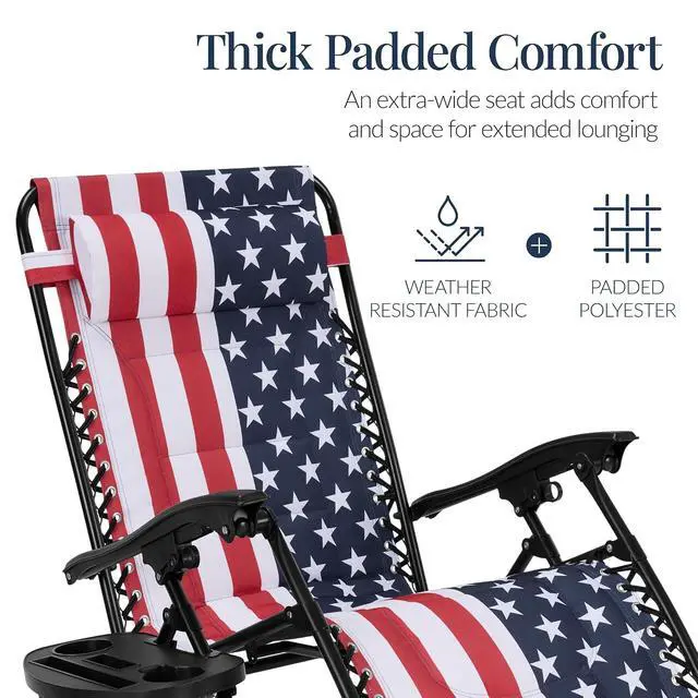 Alt view image 4 of 7 - Oversized Padded Zero Gravity Chair, Folding Outdoor Patio Recliner, XL Anti Gravity Lounger for Backyard w/Headrest, Cup Holder, Side Tray, Polyester Mesh - American Flag