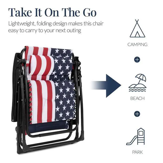 Alt view image 5 of 7 - Oversized Padded Zero Gravity Chair, Folding Outdoor Patio Recliner, XL Anti Gravity Lounger for Backyard w/Headrest, Cup Holder, Side Tray, Polyester Mesh - American Flag