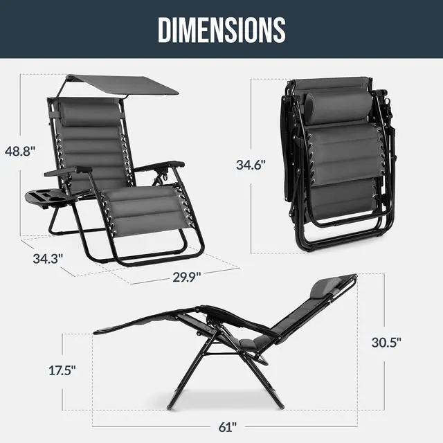 Alt view image 2 of 7 - Oversized Padded Zero Gravity Chair w/Canopy Headrest Cup Holder Side Tray, Folding Outdoor Patio Recliner Lounger - Gray