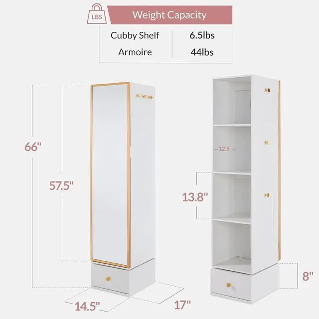 Alt view image 2 of 7 - Rotating Mirror w/Storage Cabinet, 360 Swivel Jewelry Armoire w/Full-Length Mirror, Gold Metal Frame Tower w/Cube Shelves, Built-In Jewelry Organizer & Hook - Gold