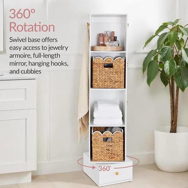 Alt view image 5 of 7 - Rotating Mirror w/Storage Cabinet, 360 Swivel Jewelry Armoire w/Full-Length Mirror, Gold Metal Frame Tower w/Cube Shelves, Built-In Jewelry Organizer & Hook - Gold