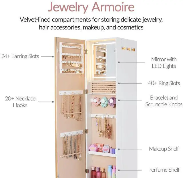 Alt view image 4 of 7 - Rotating Mirror w/Storage Cabinet, 360 Swivel Jewelry Armoire w/Full-Length Mirror, Gold Metal Frame Tower w/Cube Shelves, Built-In Jewelry Organizer & Hook - Gold