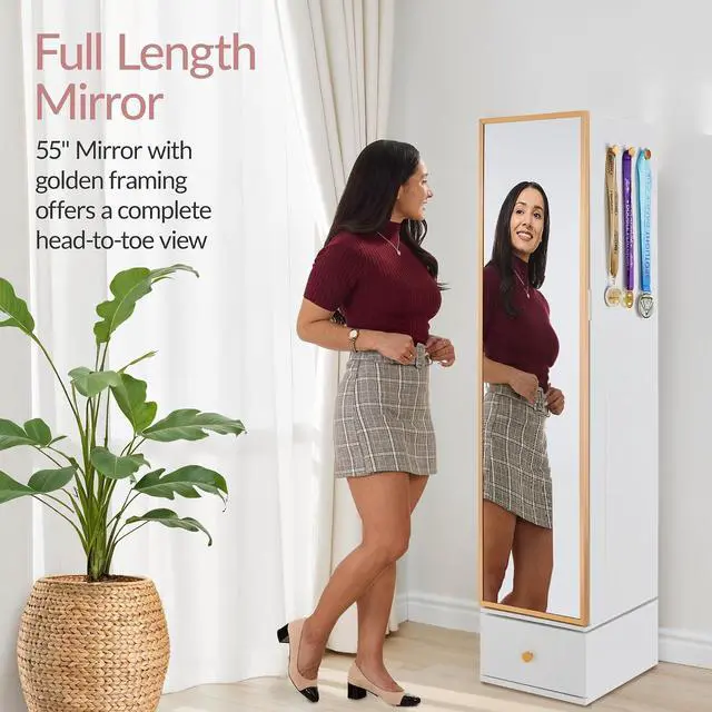 Alt view image 6 of 7 - Rotating Mirror w/Storage Cabinet, 360 Swivel Jewelry Armoire w/Full-Length Mirror, Gold Metal Frame Tower w/Cube Shelves, Built-In Jewelry Organizer & Hook - Gold