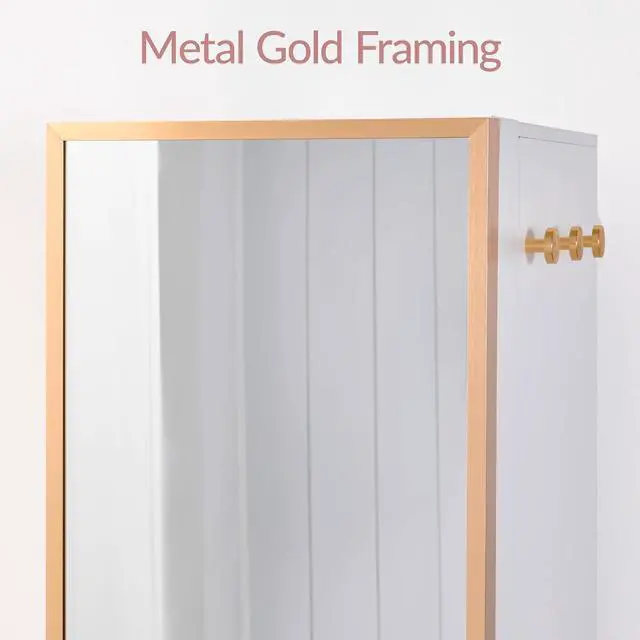 Alt view image 7 of 7 - Rotating Mirror w/Storage Cabinet, 360 Swivel Jewelry Armoire w/Full-Length Mirror, Gold Metal Frame Tower w/Cube Shelves, Built-In Jewelry Organizer & Hook - Gold