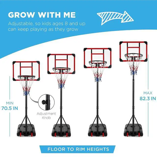 Alt view image 2 of 7 - Kids Height-Adjustable Basketball Hoop System, Portable Game w/Wheels, Fillable Base, 70.5in to 82.3in Height