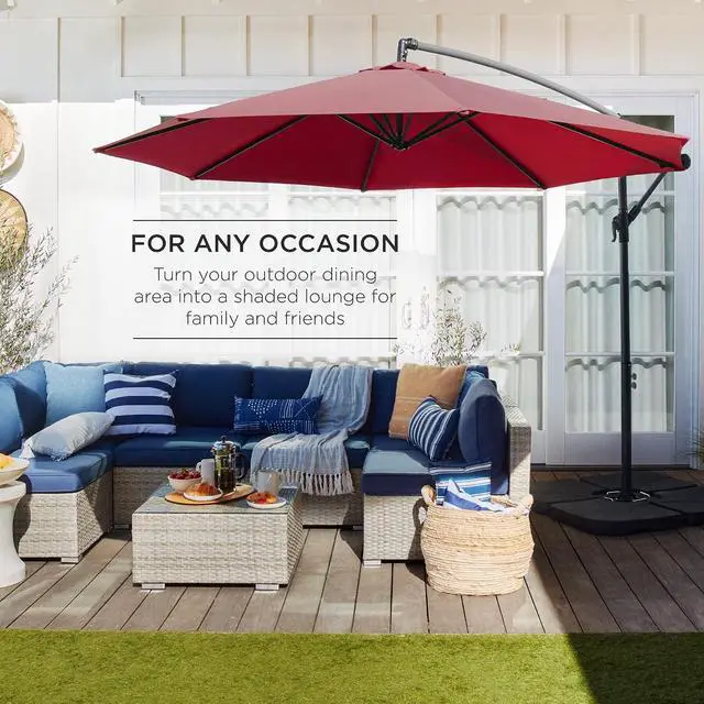 Alt view image 3 of 7 - 10ft Offset Cantilever Hanging Market Patio Umbrella, 8 Sturdy Ribs, Easy Adjustment - Burgundy