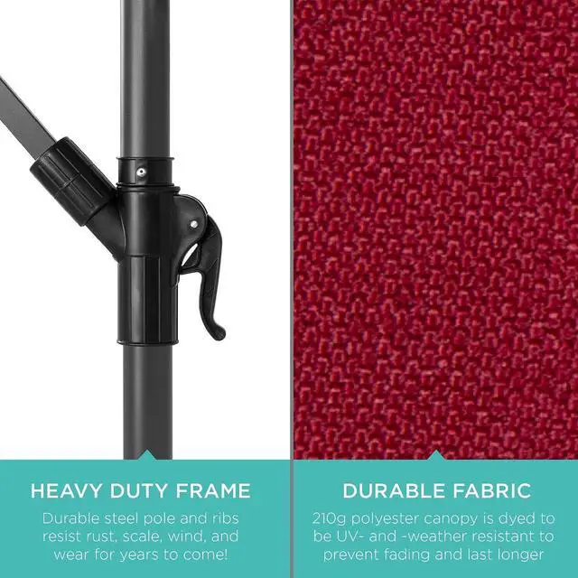Alt view image 6 of 7 - 10ft Offset Cantilever Hanging Market Patio Umbrella, 8 Sturdy Ribs, Easy Adjustment - Burgundy