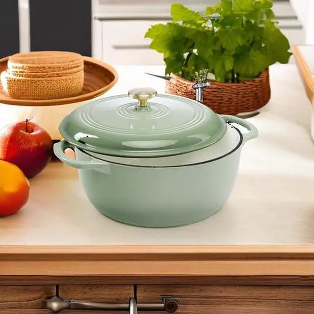 Alt view image 5 of 7 - 7.5 Quart Enamel Cast-Iron Round Dutch Oven, Family Style Heavy-Duty Pre-Seasoned Cookware for Home, Kitchen, Dining Room, Oven Safe w/Lid, Dual Handles - Sage Green