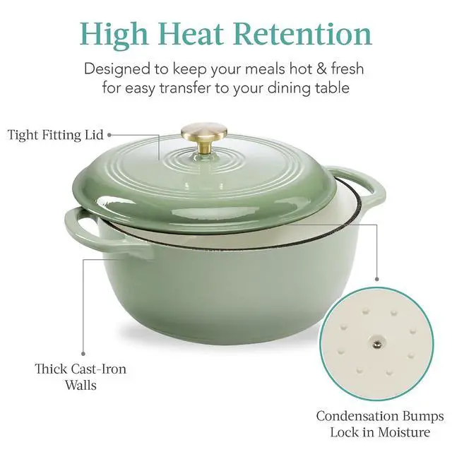 Alt view image 6 of 7 - 7.5 Quart Enamel Cast-Iron Round Dutch Oven, Family Style Heavy-Duty Pre-Seasoned Cookware for Home, Kitchen, Dining Room, Oven Safe w/Lid, Dual Handles - Sage Green