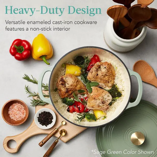 Alt view image 2 of 7 - 7.5 Quart Enamel Cast-Iron Round Dutch Oven, Family Style Heavy-Duty Pre-Seasoned Cookware for Home, Kitchen, Dining Room, Oven Safe w/Lid, Dual Handles - Sage Green