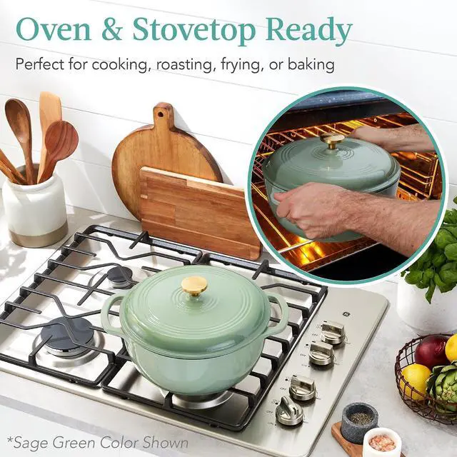 Alt view image 3 of 7 - 7.5 Quart Enamel Cast-Iron Round Dutch Oven, Family Style Heavy-Duty Pre-Seasoned Cookware for Home, Kitchen, Dining Room, Oven Safe w/Lid, Dual Handles - Sage Green