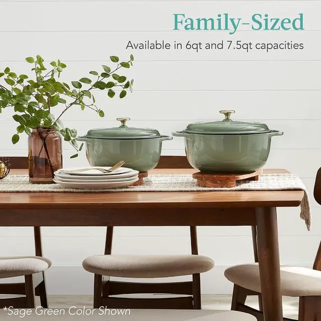 Alt view image 4 of 7 - 7.5 Quart Enamel Cast-Iron Round Dutch Oven, Family Style Heavy-Duty Pre-Seasoned Cookware for Home, Kitchen, Dining Room, Oven Safe w/Lid, Dual Handles - Sage Green