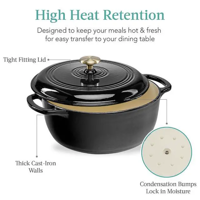Alt view image 5 of 7 - 7.5 Quart Enamel Cast-Iron Round Dutch Oven, Family Style Heavy-Duty Pre-Seasoned Cookware for Home, Kitchen, Dining Room, Oven Safe w/Lid, Dual Handles - Black Licorice