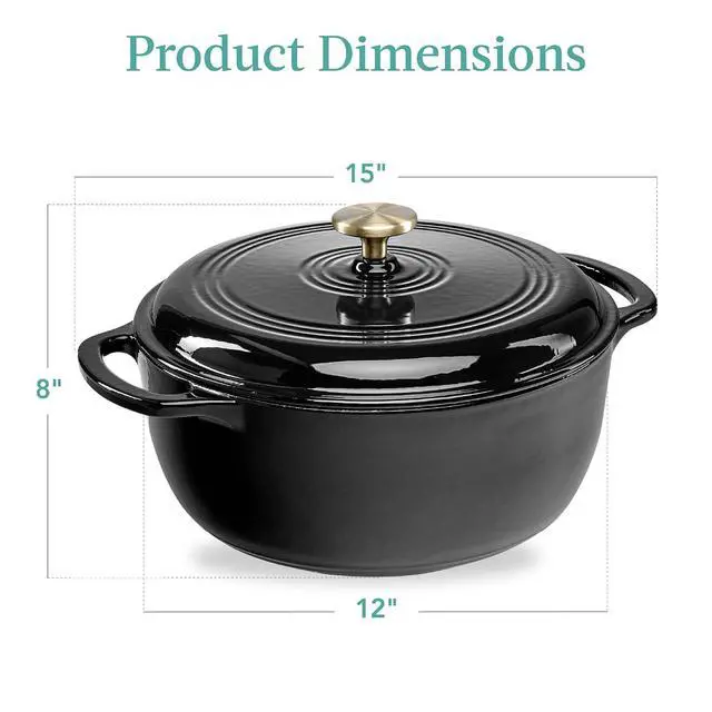 Alt view image 7 of 7 - 7.5 Quart Enamel Cast-Iron Round Dutch Oven, Family Style Heavy-Duty Pre-Seasoned Cookware for Home, Kitchen, Dining Room, Oven Safe w/Lid, Dual Handles - Black Licorice