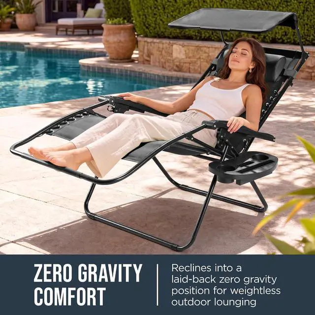 Alt view image 3 of 7 - Oversized Padded Zero Gravity Chair w/Canopy Headrest Cup Holder Side Tray, Folding Outdoor Patio Recliner Lounger - Gray