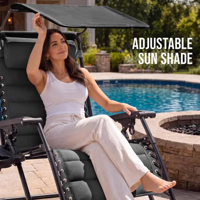 Alt view image 4 of 7 - Oversized Padded Zero Gravity Chair w/Canopy Headrest Cup Holder Side Tray, Folding Outdoor Patio Recliner Lounger - Gray
