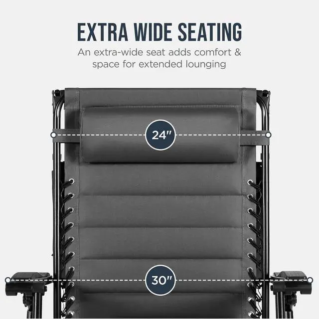 Alt view image 5 of 7 - Oversized Padded Zero Gravity Chair w/Canopy Headrest Cup Holder Side Tray, Folding Outdoor Patio Recliner Lounger - Gray