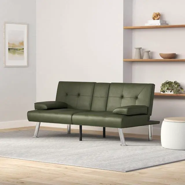 Alt view image 2 of 7 - Faux Leather Upholstered Modern Convertible Futon, Adjustable Folding Sofa Bed, Guest Bed w/Removable Armrests - Dark Green