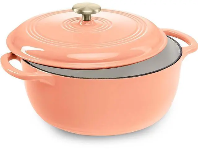 Main image of 6 Quart Enamel Cast-Iron Round Dutch Oven, Family Style Heavy-Duty Pre-Seasoned Cookware for Home, Kitchen, Dining Room, Oven Safe w/Lid, Dual Handles - Peach Sorbet