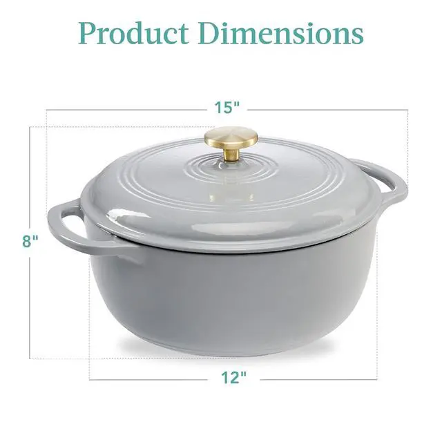 Alt view image 7 of 7 - 7.5 Quart Enamel Cast-Iron Round Dutch Oven, Family Style Heavy-Duty Pre-Seasoned Cookware for Home, Kitchen, Dining Room, Oven Safe w/Lid, Dual Handles - French Gray