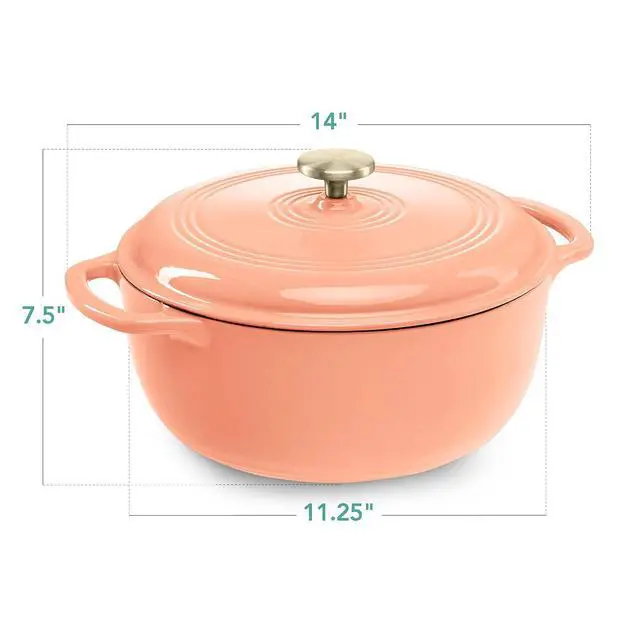 Alt view image 7 of 7 - 6 Quart Enamel Cast-Iron Round Dutch Oven, Family Style Heavy-Duty Pre-Seasoned Cookware for Home, Kitchen, Dining Room, Oven Safe w/Lid, Dual Handles - Peach Sorbet