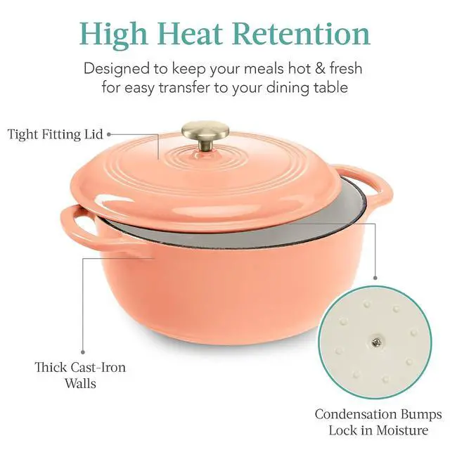 Alt view image 5 of 7 - 6 Quart Enamel Cast-Iron Round Dutch Oven, Family Style Heavy-Duty Pre-Seasoned Cookware for Home, Kitchen, Dining Room, Oven Safe w/Lid, Dual Handles - Peach Sorbet