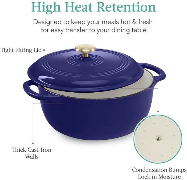 Alt view image 5 of 7 - 6 Quart Enamel Cast-Iron Round Dutch Oven, Family Style Heavy-Duty Pre-Seasoned Cookware for Home, Kitchen, Dining Room, Oven Safe w/Lid, Dual Handles - Sapphire Blue