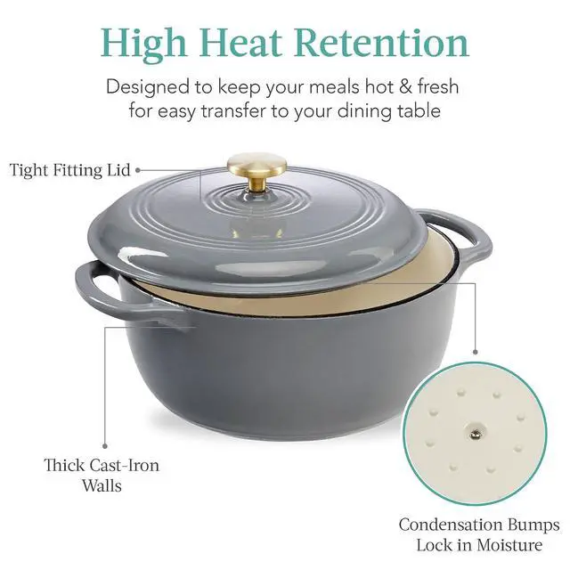 Alt view image 5 of 7 - 7.5 Quart Enamel Cast-Iron Round Dutch Oven, Family Style Heavy-Duty Pre-Seasoned Cookware for Home, Kitchen, Dining Room, Oven Safe w/Lid, Dual Handles - Graphite Gray