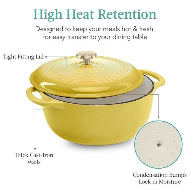 Alt view image 5 of 7 - 6 Quart Enamel Cast-Iron Round Dutch Oven, Family Style Heavy-Duty Pre-Seasoned Cookware for Home, Kitchen, Dining Room, Oven Safe w/Lid, Dual Handles - Lemon Meringue