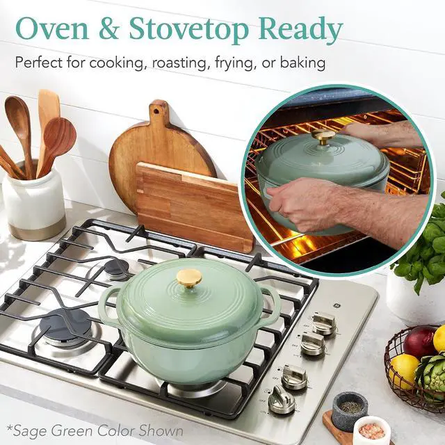 Alt view image 3 of 7 - 6 Quart Enamel Cast-Iron Round Dutch Oven, Family Style Heavy-Duty Pre-Seasoned Cookware for Home, Kitchen, Dining Room, Oven Safe w/Lid, Dual Handles - Blue