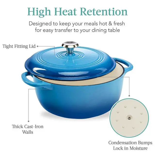 Alt view image 5 of 7 - 6 Quart Enamel Cast-Iron Round Dutch Oven, Family Style Heavy-Duty Pre-Seasoned Cookware for Home, Kitchen, Dining Room, Oven Safe w/Lid, Dual Handles - Blue