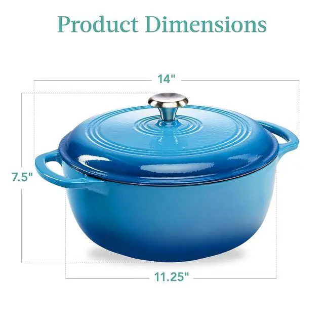 Alt view image 7 of 7 - 6 Quart Enamel Cast-Iron Round Dutch Oven, Family Style Heavy-Duty Pre-Seasoned Cookware for Home, Kitchen, Dining Room, Oven Safe w/Lid, Dual Handles - Blue