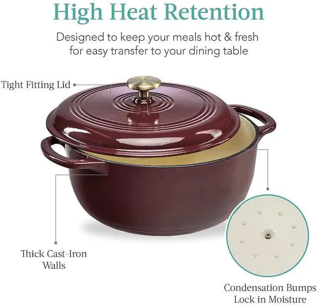 Alt view image 5 of 7 - 7.5 Quart Enamel Cast-Iron Round Dutch Oven, Family Style Heavy-Duty Pre-Seasoned Cookware for Home, Kitchen, Dining Room, Oven Safe w/Lid, Dual Handles - Cabernet Red