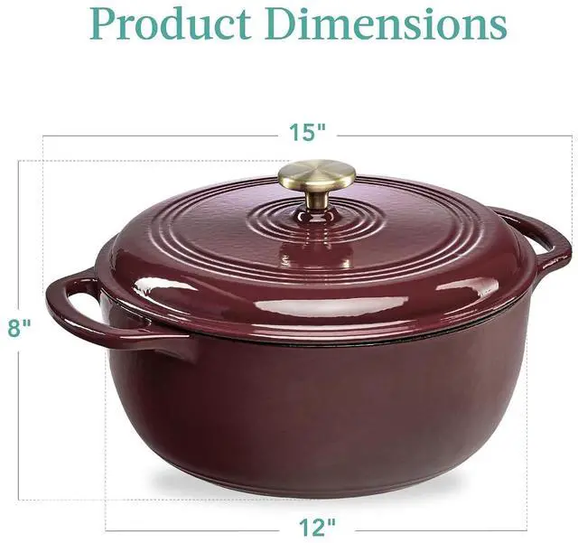 Alt view image 7 of 7 - 7.5 Quart Enamel Cast-Iron Round Dutch Oven, Family Style Heavy-Duty Pre-Seasoned Cookware for Home, Kitchen, Dining Room, Oven Safe w/Lid, Dual Handles - Cabernet Red