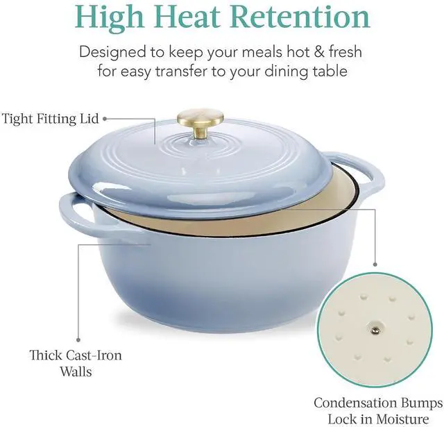 Alt view image 5 of 7 - 7.5 Quart Enamel Cast-Iron Round Dutch Oven, Family Style Heavy-Duty Pre-Seasoned Cookware for Home, Kitchen, Dining Room, Oven Safe w/Lid, Dual Handles - Cornflower Blue