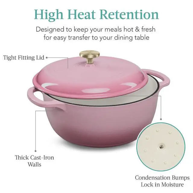 Alt view image 5 of 7 - 7.5 Quart Enamel Cast-Iron Round Dutch Oven, Family Style Heavy-Duty Pre-Seasoned Cookware for Home, Kitchen, Dining Room, Oven Safe w/Lid, Dual Handles - Pink Champagne