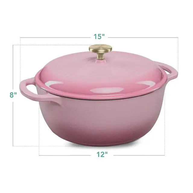 Alt view image 7 of 7 - 7.5 Quart Enamel Cast-Iron Round Dutch Oven, Family Style Heavy-Duty Pre-Seasoned Cookware for Home, Kitchen, Dining Room, Oven Safe w/Lid, Dual Handles - Pink Champagne