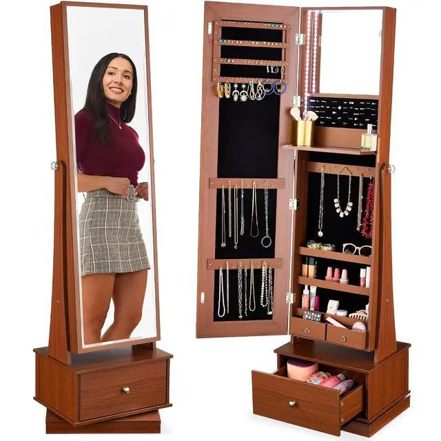 Main image of 360 Swivel Mirrored Jewelry Cabinet, Standing Armoire, Makeup Storage Organizer, w/LED-lit Mirror, 3 Shelves - Walnut